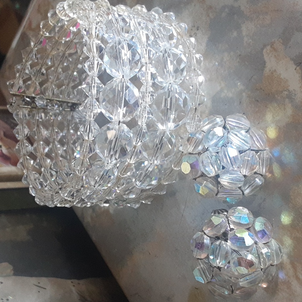 Vintage Beaded Crystal Cuff Bracelet w/Crystal AB Cluster VOGUE Earrings c1940